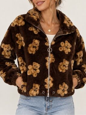 KYOYO Teddy Bear Faux Fur Jacket Brown Plush Cropped Y2K Zip Coat Size Medium